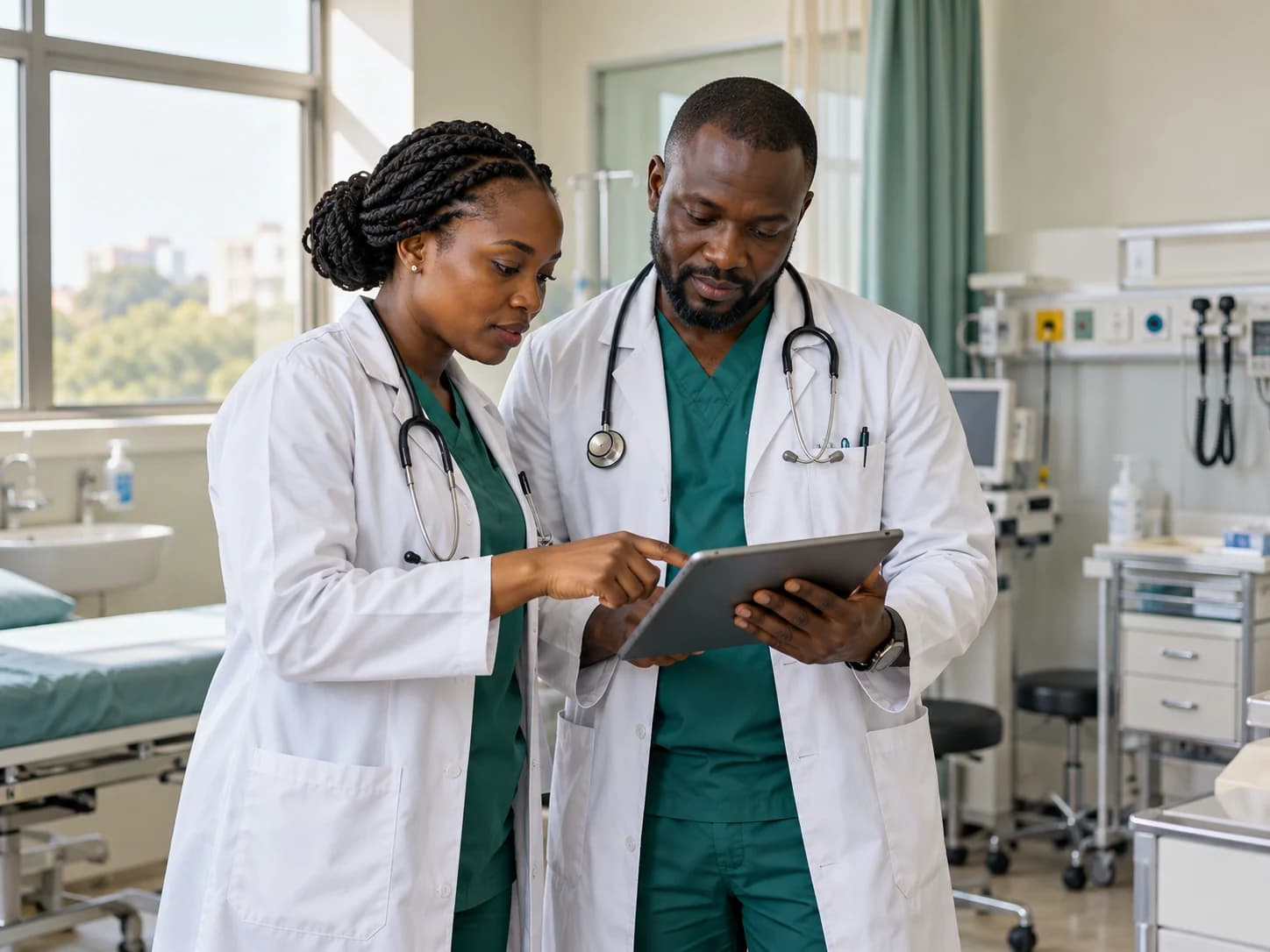 Two African doctors in white coats reviewing a tablet at a patient's bedside.